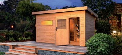 Sauna de jardín Rauma 2, 337x231x239 cm con vestuario independiente