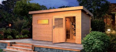 Sauna de jardín Rauma 3, 393x231x239cm con vestuario independiente